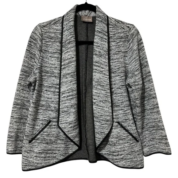 Chico's Open Front Jacket Black & White Print w/ Faux Leather Look Trim Size 1 - Picture 2 of 8